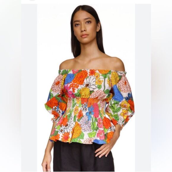 Cara Cara Heidi Smocked Top Shirt Womens S Blue Red Floral Peplum Cotton - Picture 1 of 6